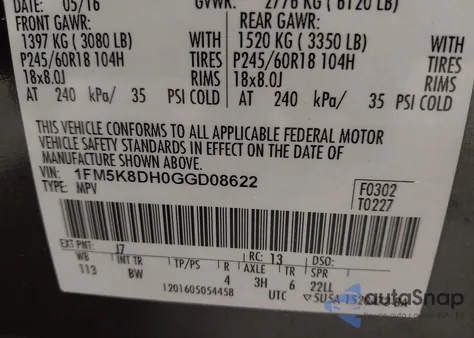 2016 Ford Explorer Xlt z USA, uszkodzony, nr VIN 1FM5K8DH0GGD08622